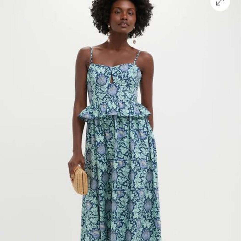 Blue Floral Midi Dress with Ruffled Waist